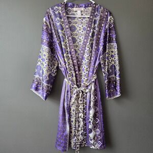 Oscar de la Renta Pink Label Purple Floral Paisley Satin Robe Kimono Womens L